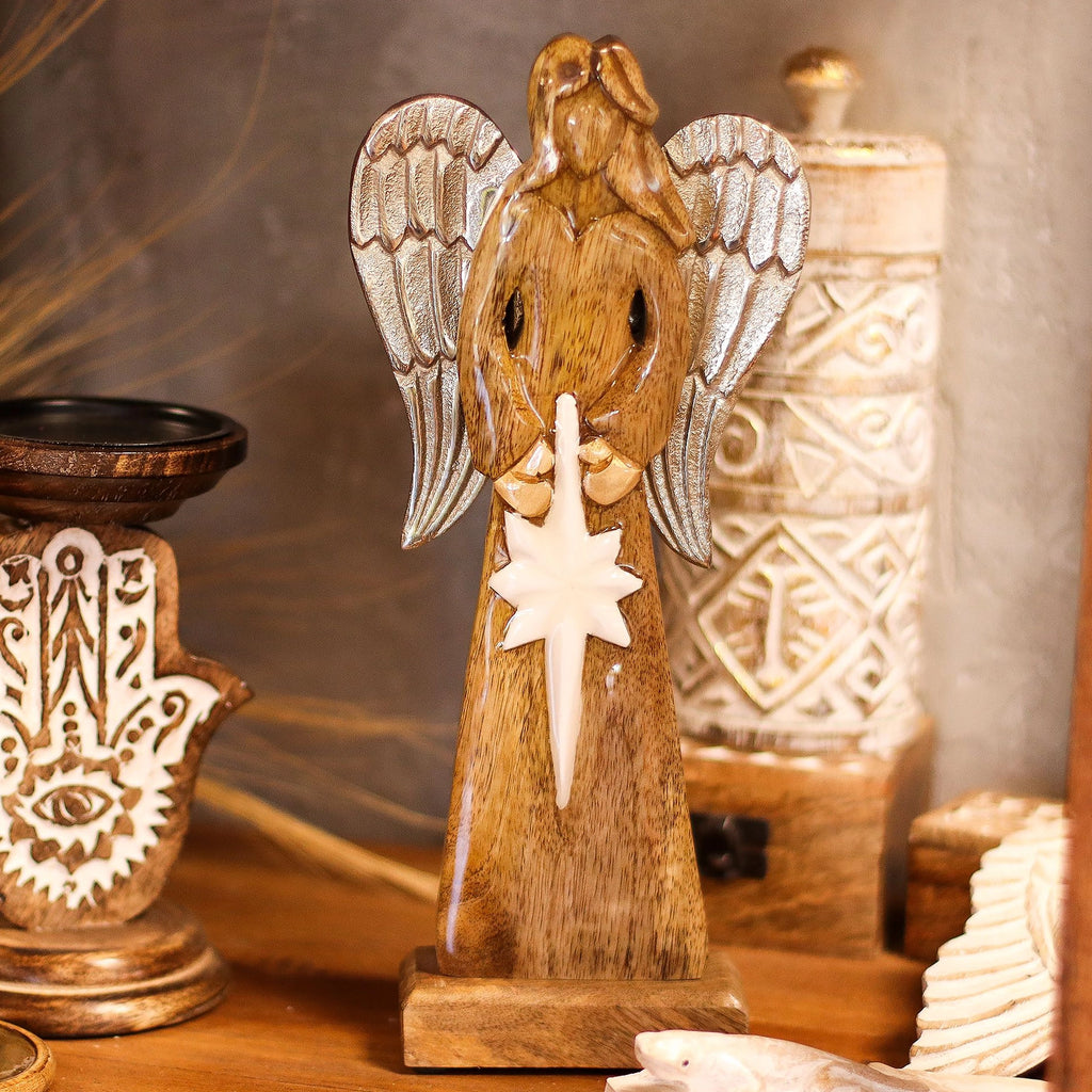 Large Mango Wood Peace Angel Metal Wings & Enamel Detail