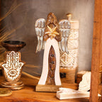 Large Mango Wood Star Angel Figurines Statuettes Metal Wings & Enamel Detail