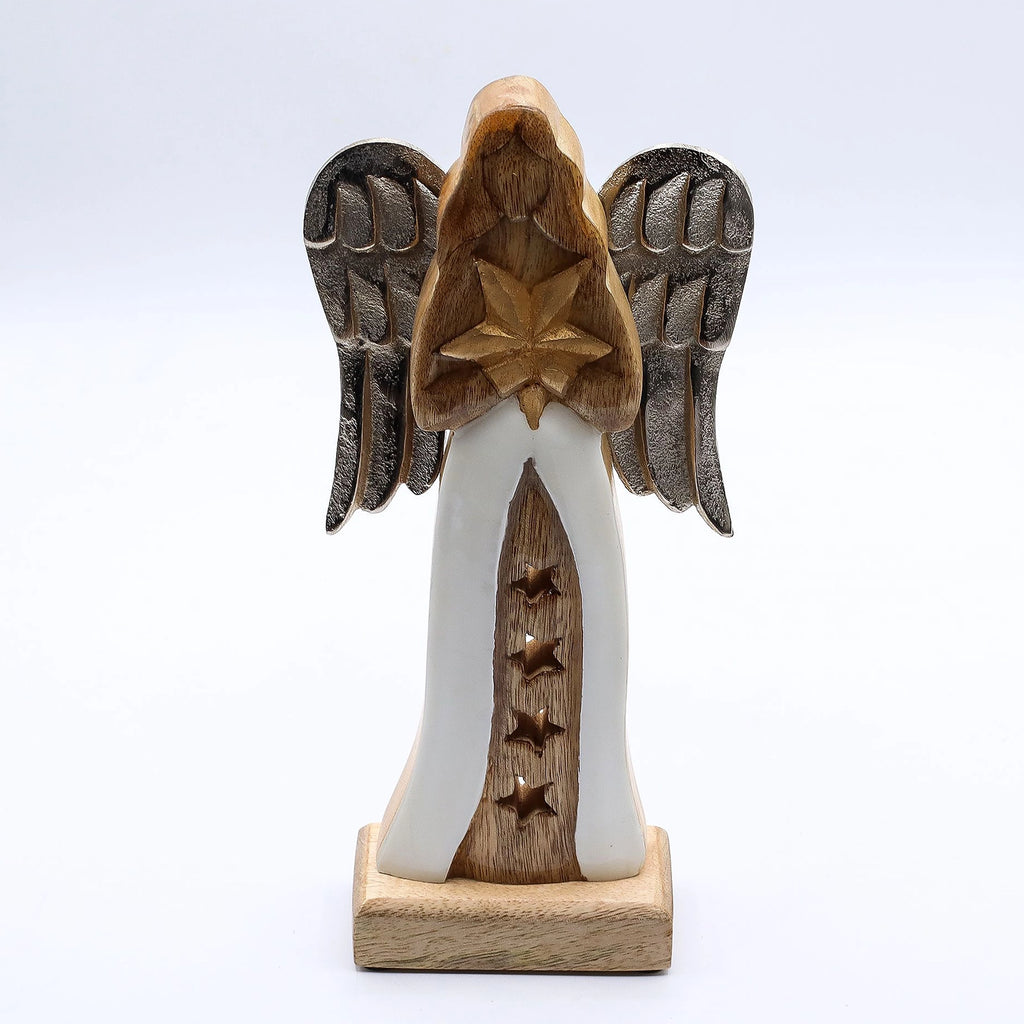 Large Mango Wood Star Angel Metal Wings & Enamel Detail