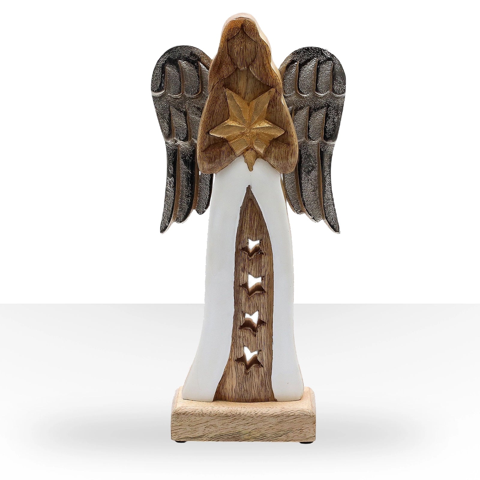 Large Mango Wood Star Angel Metal Wings & Enamel Detail