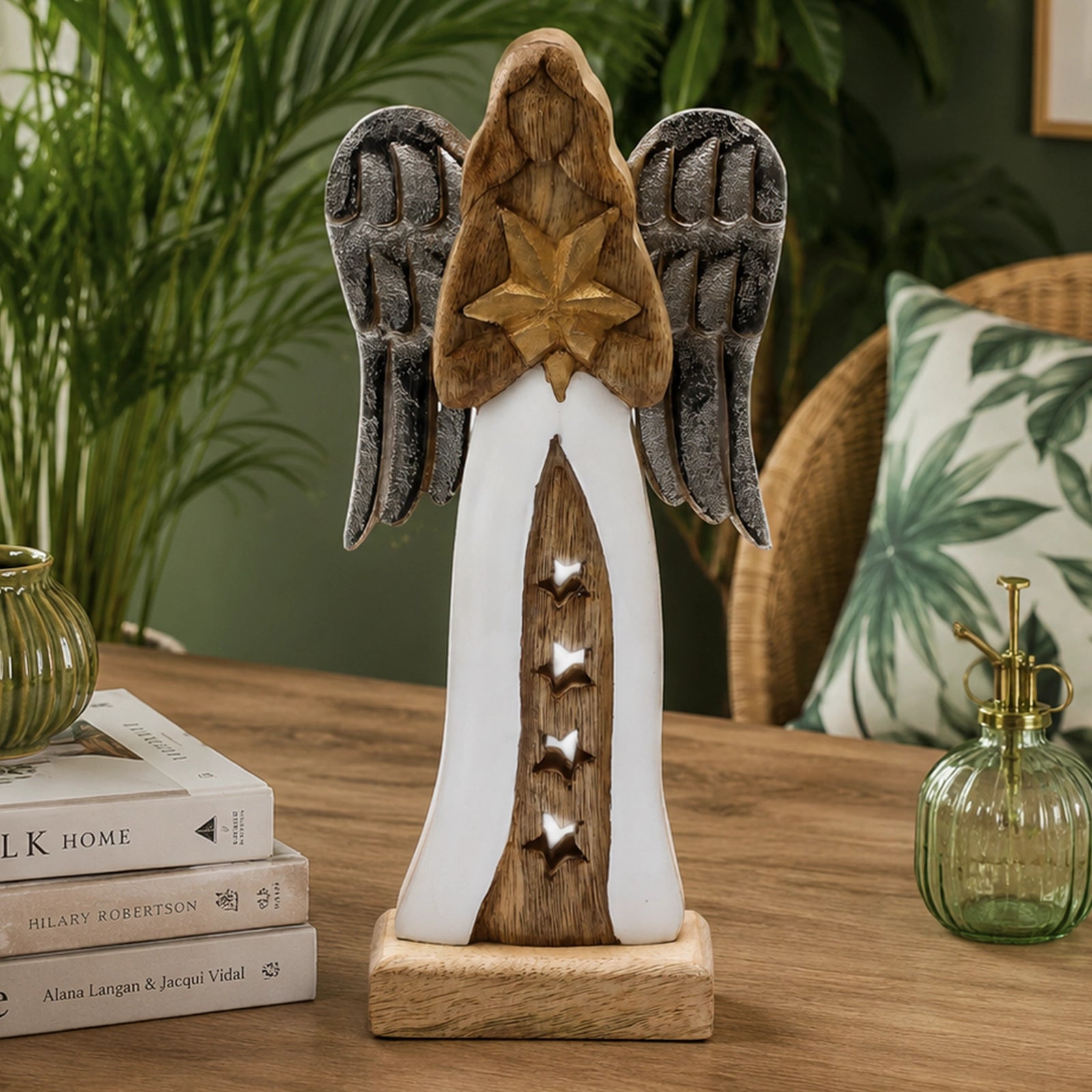 Large Mango Wood Star Angel Metal Wings & Enamel Detail