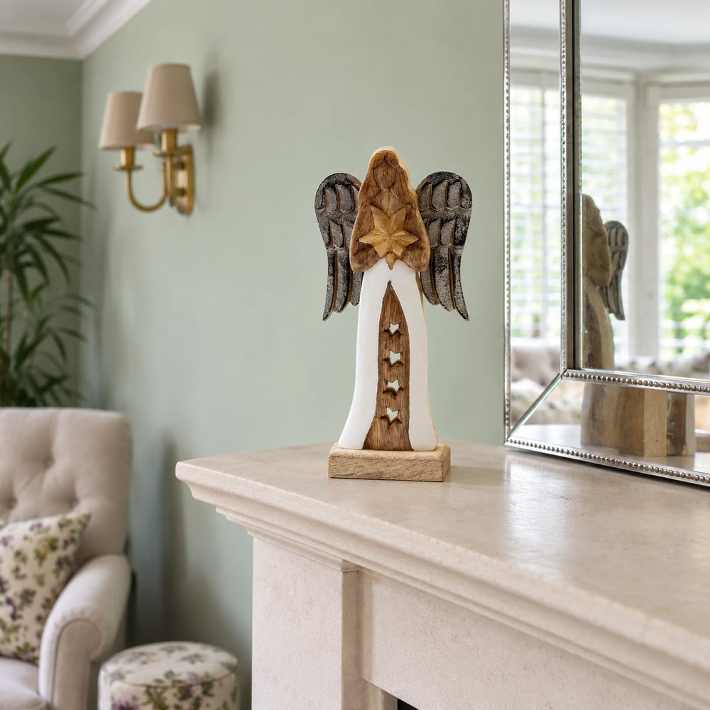 Large Mango Wood Star Angel Figurines Statuettes Metal Wings & Enamel Detail