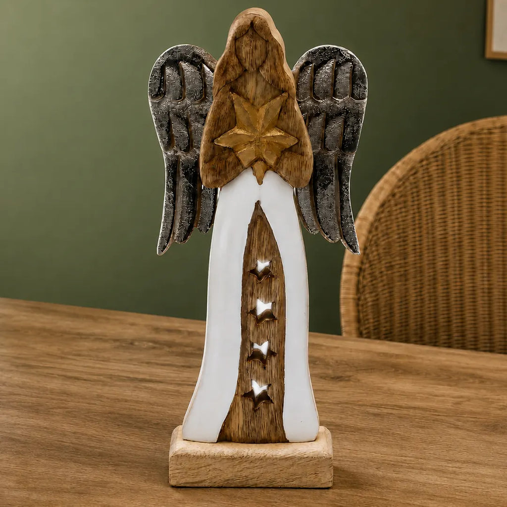 Large Mango Wood Star Angel Figurines Statuettes Metal Wings & Enamel Detail