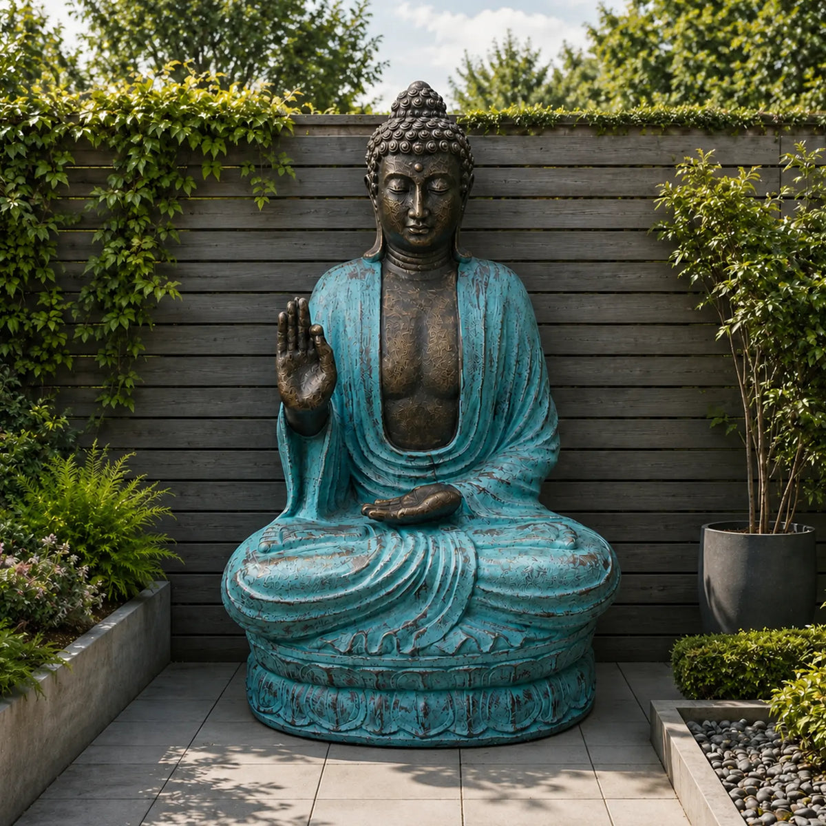 Large Outdoor Garden Buddha Teaching Statue on Lotus - Turquoise & Stone - 2m