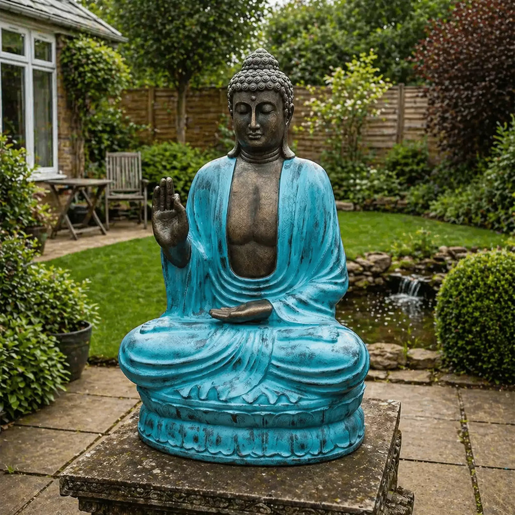 Large Outdoor Garden Buddha Teaching Statue on Lotus - Turquoise & Stone - 2m
