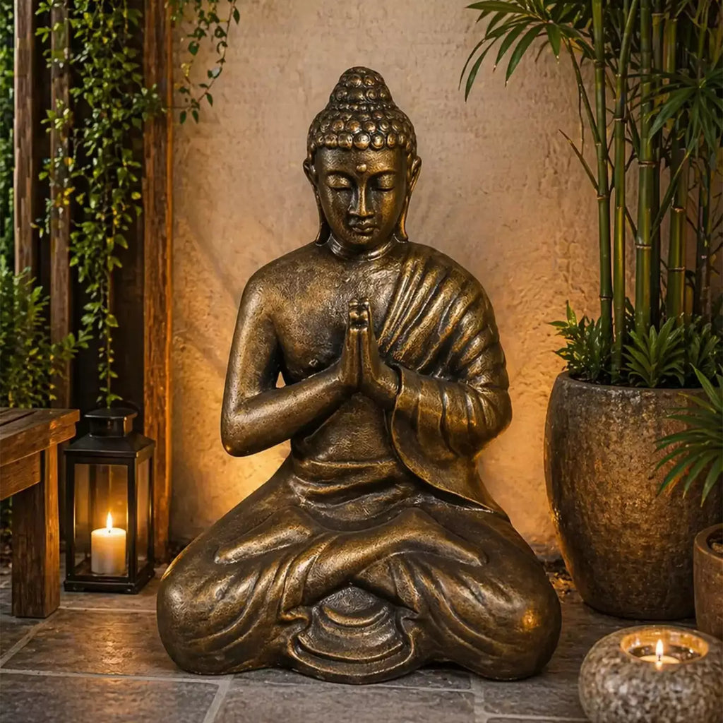Large Outdoor Garden Praying Buddha Statue - Antique Gold - 1.2m