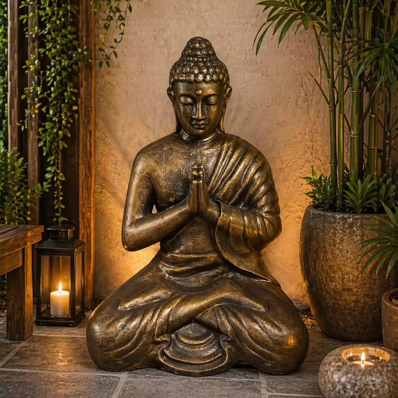 Large Outdoor Garden Praying Buddha Statue - Antique Gold - 1.2m
