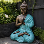 Large Outdoor Garden Praying Buddha Statue - Turquoise & Gold - 1.2m
