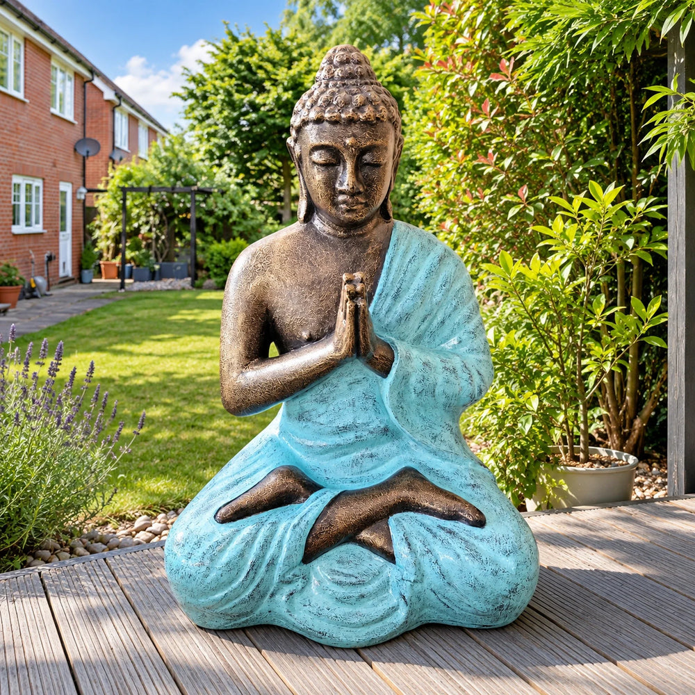 Large Outdoor Garden Praying Buddha Statue - Turquoise & Gold - 1.2m