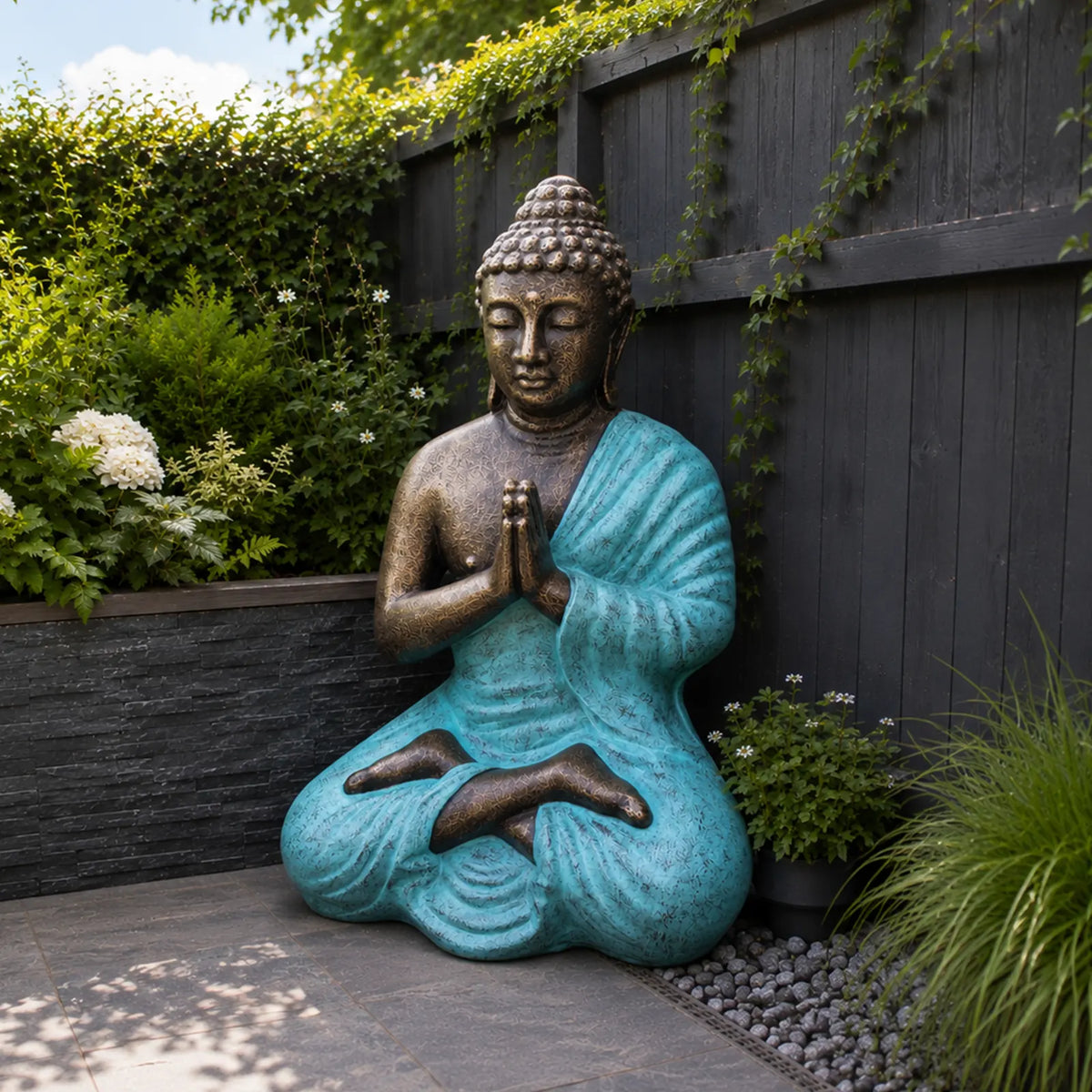 Large Outdoor Garden Praying Buddha Statue - Turquoise & Gold - 1.2m