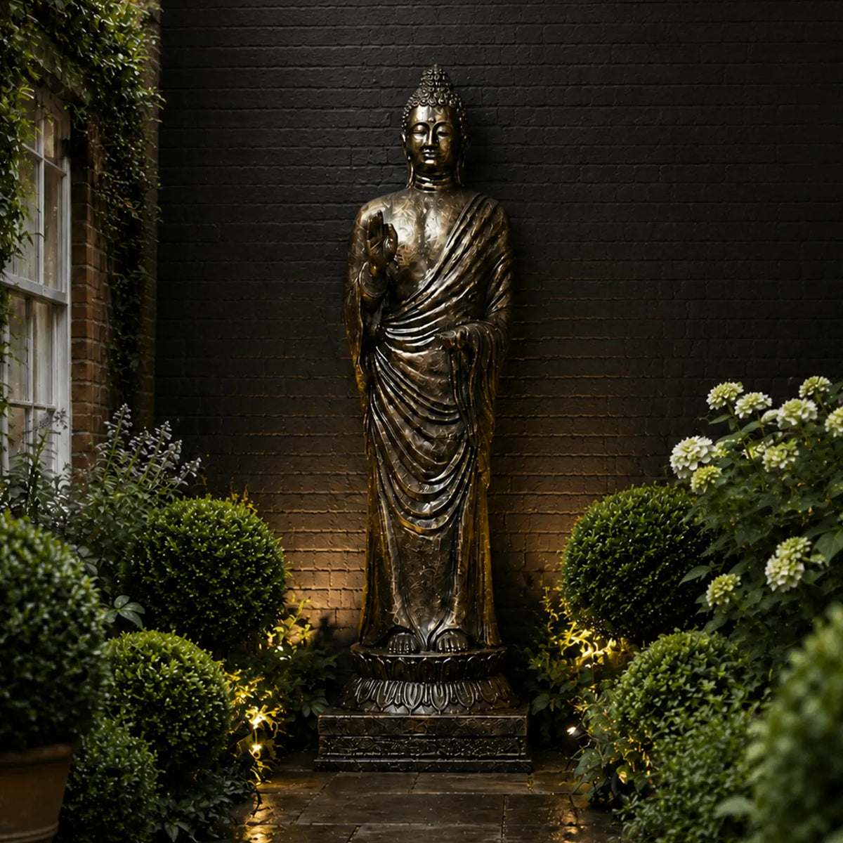 Large Outdoor Garden Standing Buddha Statue - Antique Gold - 3m Tall
