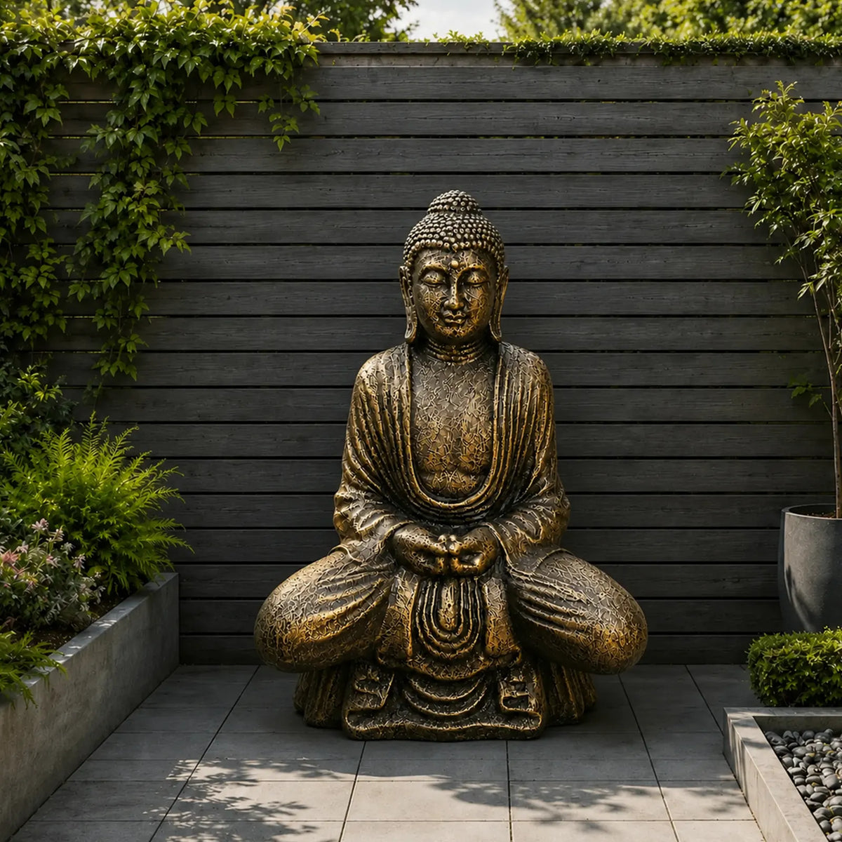 A large bronze-colored meditating Buddha garden statue sits centered on a paved patio in front of a dark gray wooden fence, surrounded by green plants and ivy.