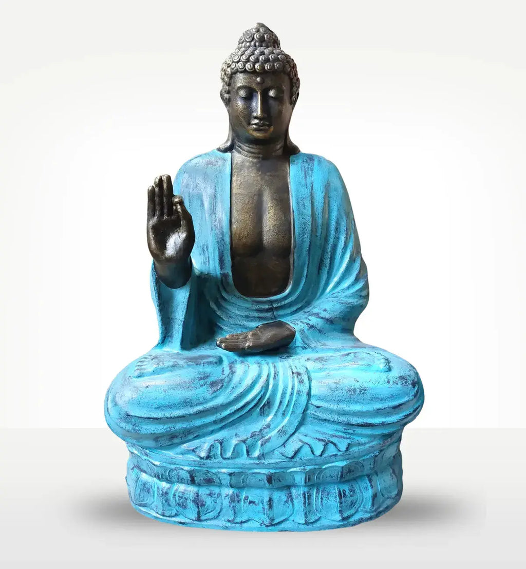Large Turquoise & Stone Buddha Teaching on Lotus - 2m, hand carved resin statue featuring a serene Buddha seated in meditation with raised hand in teaching gesture, turquoise robe finish.