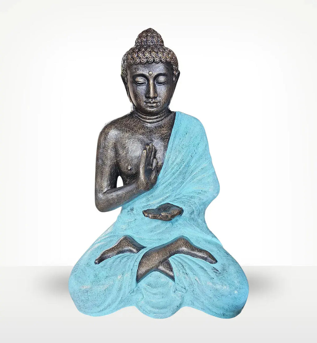Large Turquoise & Stone Buddha Meditation in Stupa - 1.5m sitting statue with a serene expression, hand-carved detailing, turquoise robe, and stone-textured body, perfect Buddha decor.