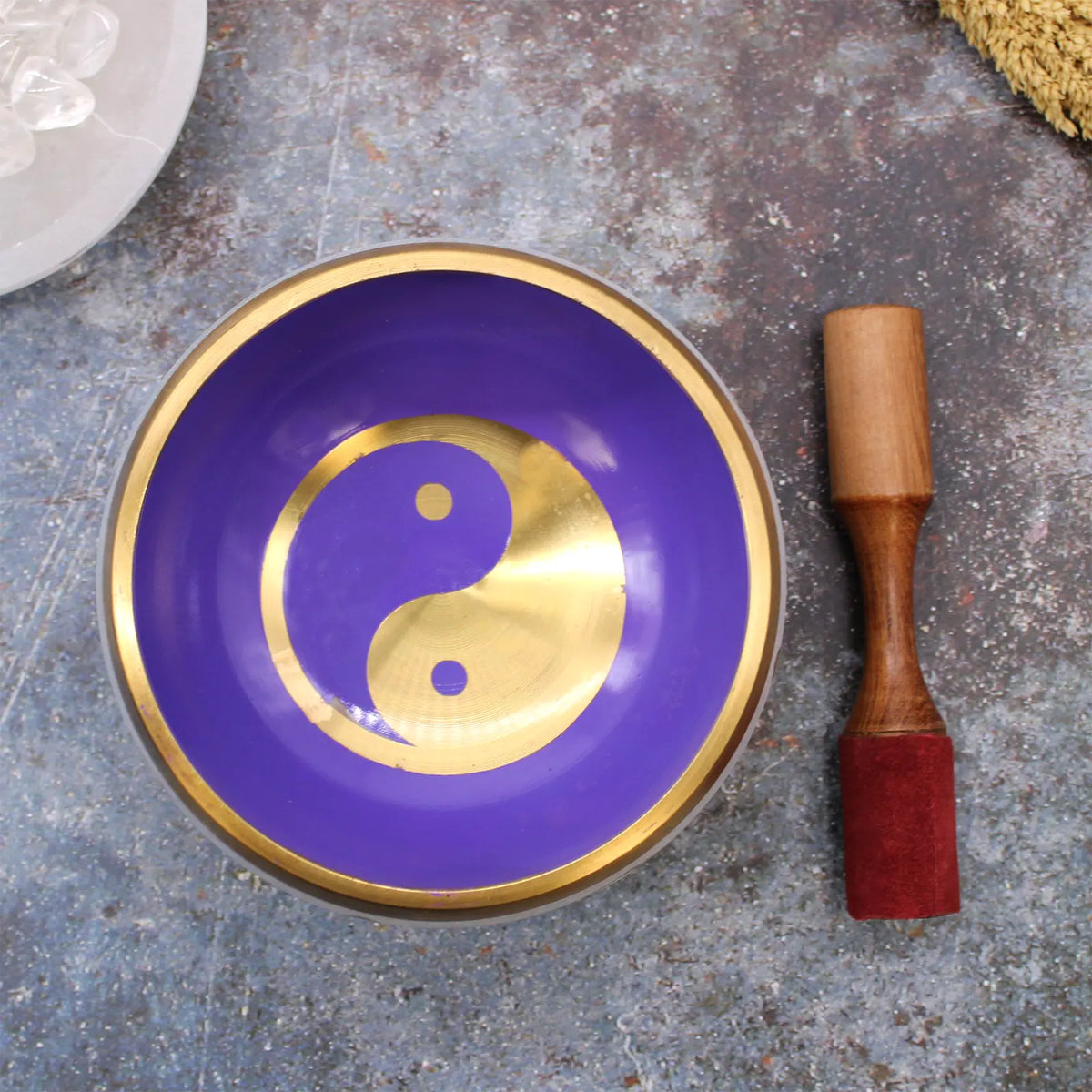 Large Yin & Yang Tibetan Singing Bowl Set - White and Purple 14cm
