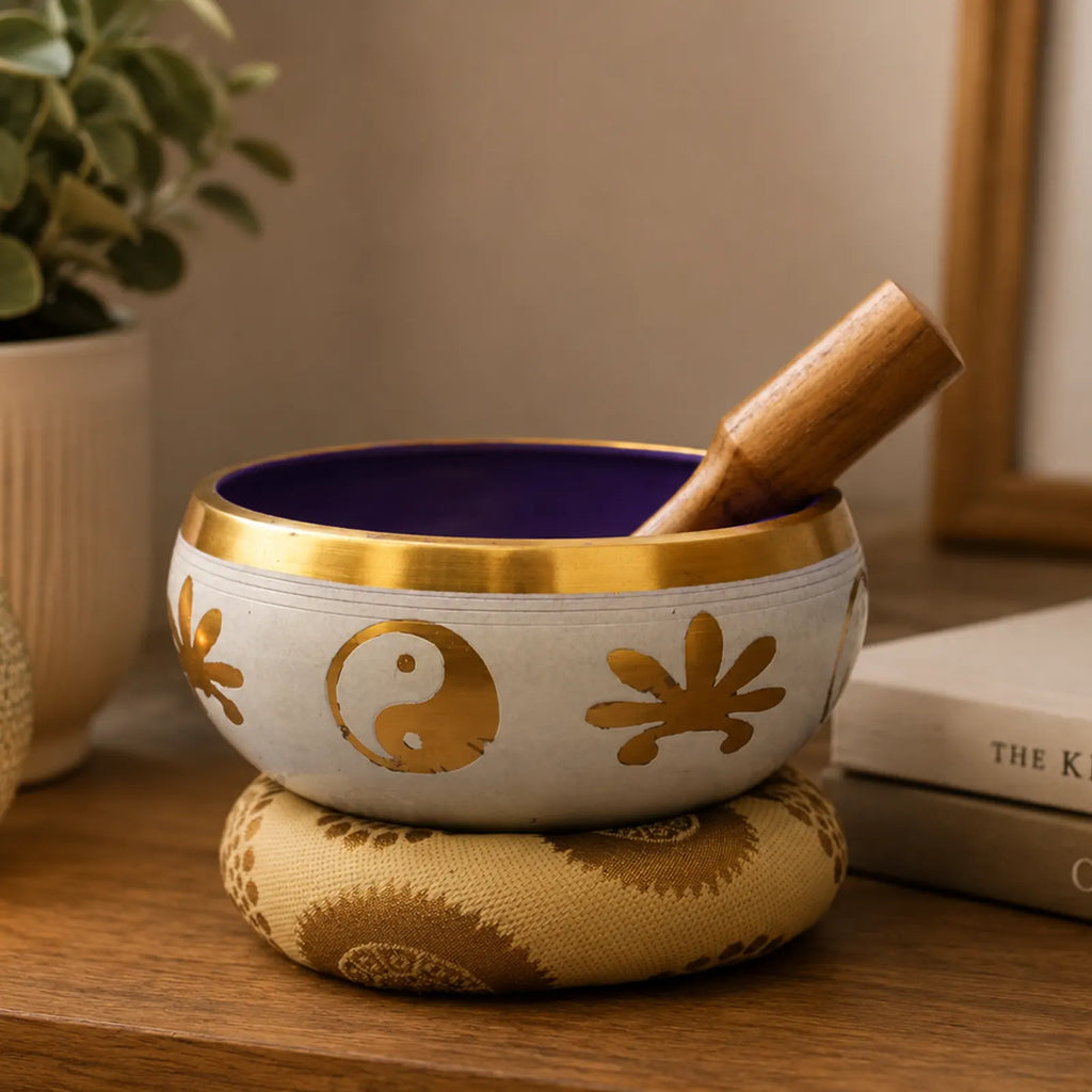 Large Yin & Yang Tibetan Singing Bowl Set - White and Purple 14cm
