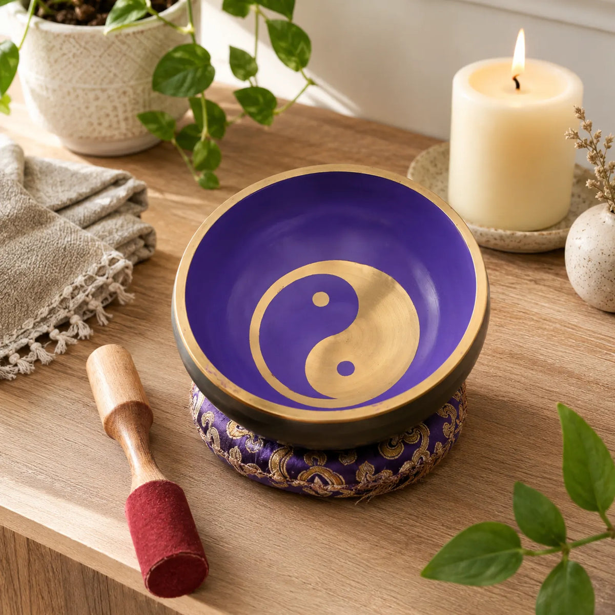 Large Yin & Yang Tibetan Singing Bowl Set - White and Purple 14cm