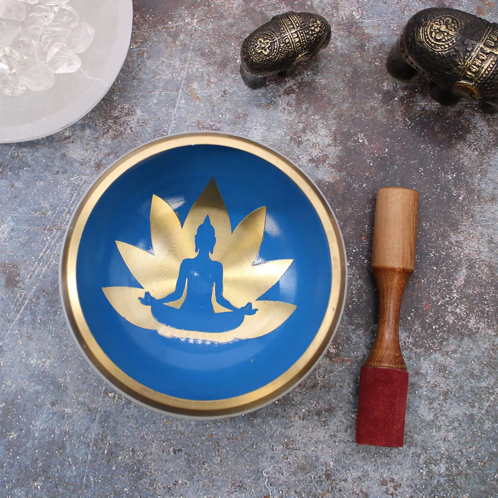 Large Yoga Moves Tibetan Singing Bowl Set - White and Blue 14cm