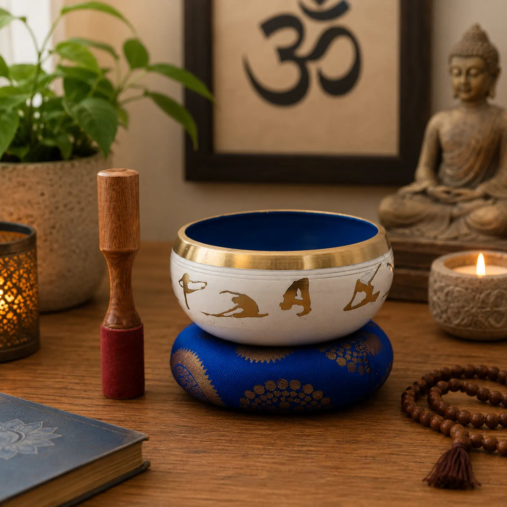Large Yoga Moves Tibetan Singing Bowl Set - White and Blue 14cm