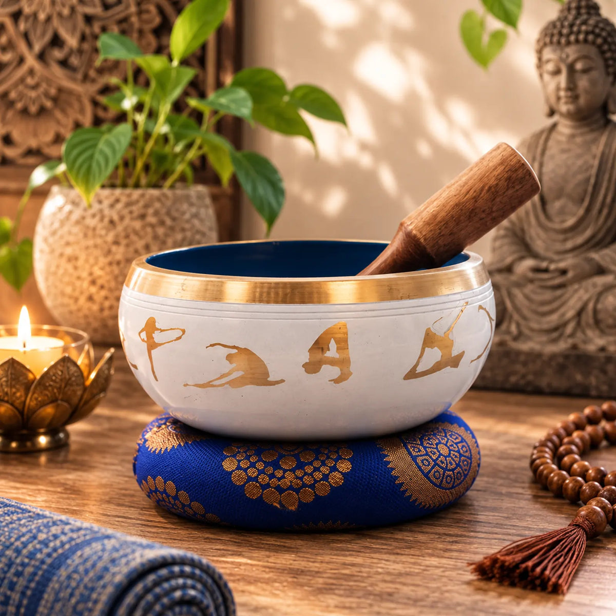 Large Yoga Moves Tibetan Singing Bowl Set - White and Blue 14cm