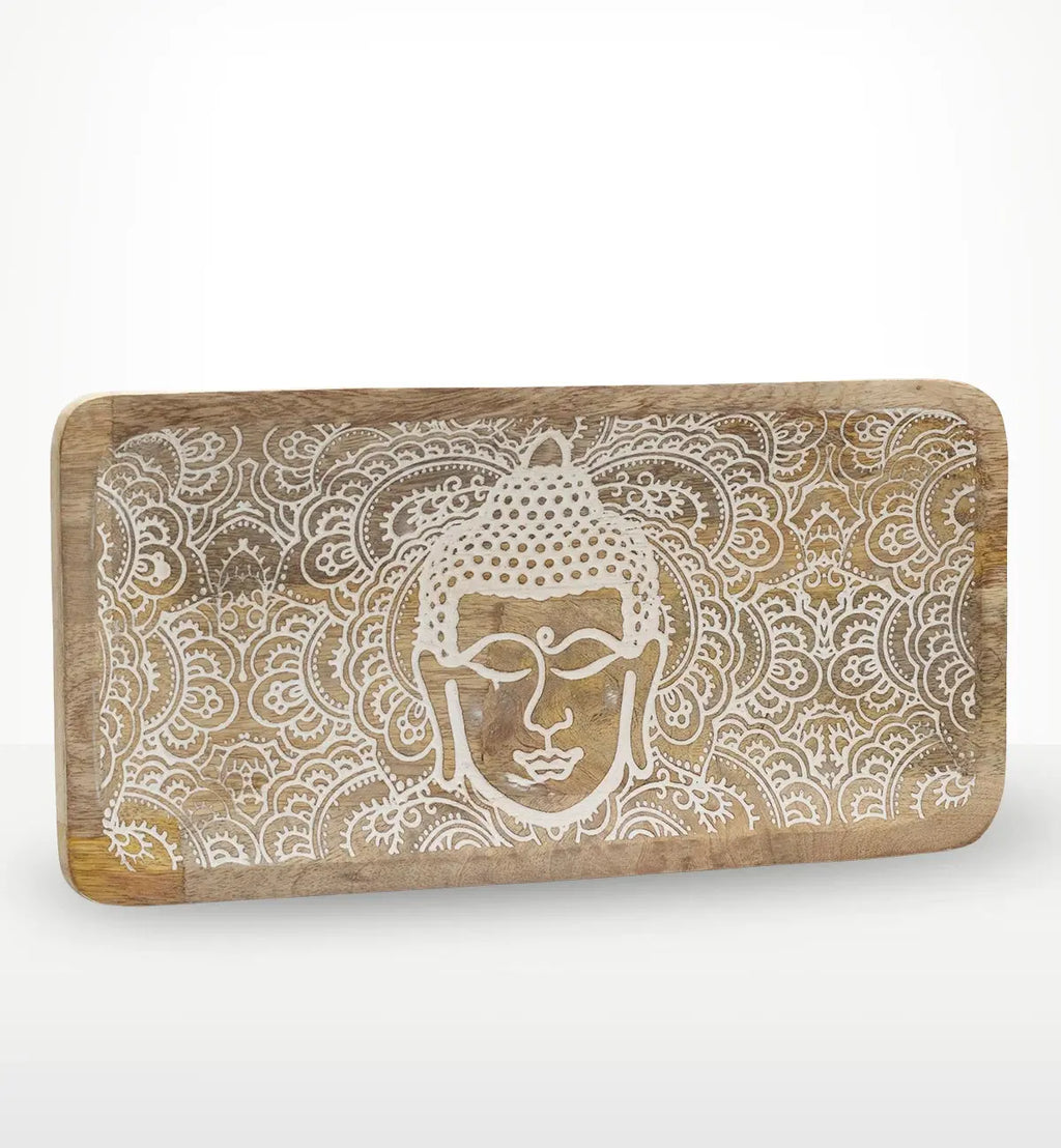 Long Tray 30x15x2.5cm - Buddha Face Whitewash featuring a hand-carved Buddha head design with intricate whitewash detailing on a natural wooden rectangular tray perfect for Buddha decor.