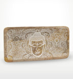 Long Tray 30x15x2.5cm - Buddha Face Whitewash features a hand-carved wooden tray with a whitewashed Buddha head design and intricate decorative patterns, perfect for Buddha decor.