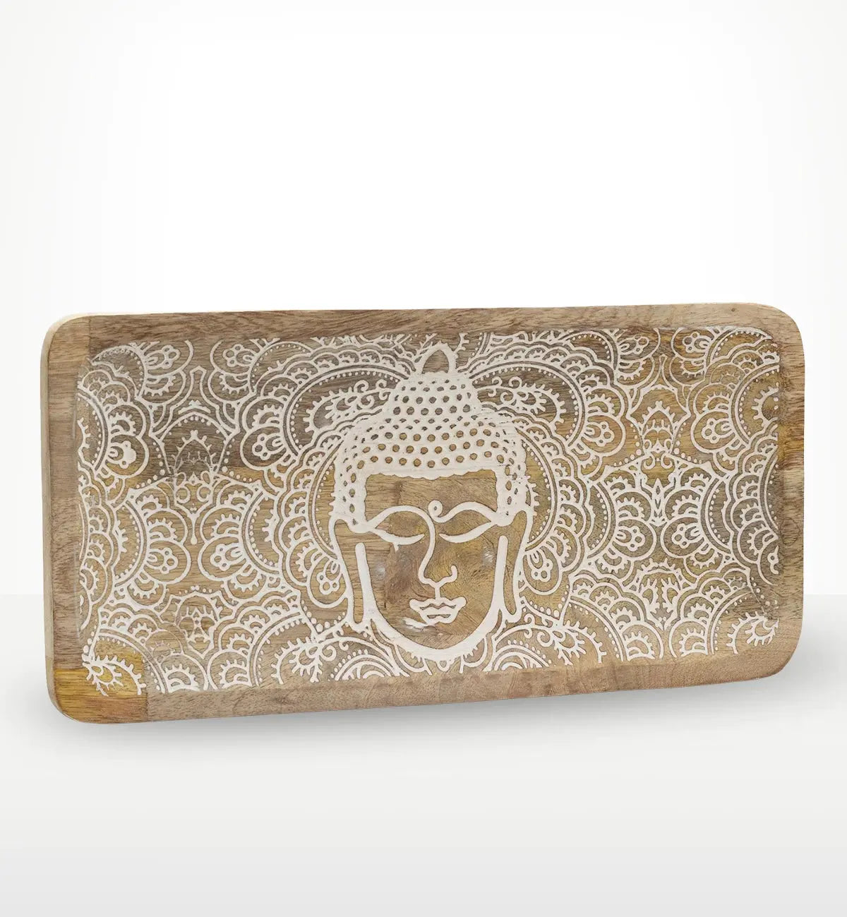 Long Tray 30x15x2.5cm - Buddha Face Whitewash featuring a hand-carved Buddha head design with intricate whitewash detailing on a natural wooden rectangular tray perfect for Buddha decor.
