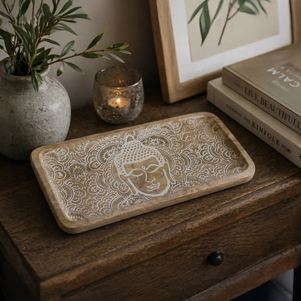 Long Tray 30x15x2.5cm - Buddha Face Whitewash