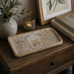 Long Tray 30x15x2.5cm - Buddha Face Whitewash featuring a serene Buddha face design in whitewash on a wooden tray, perfect for Buddha decor and tabletop display.
