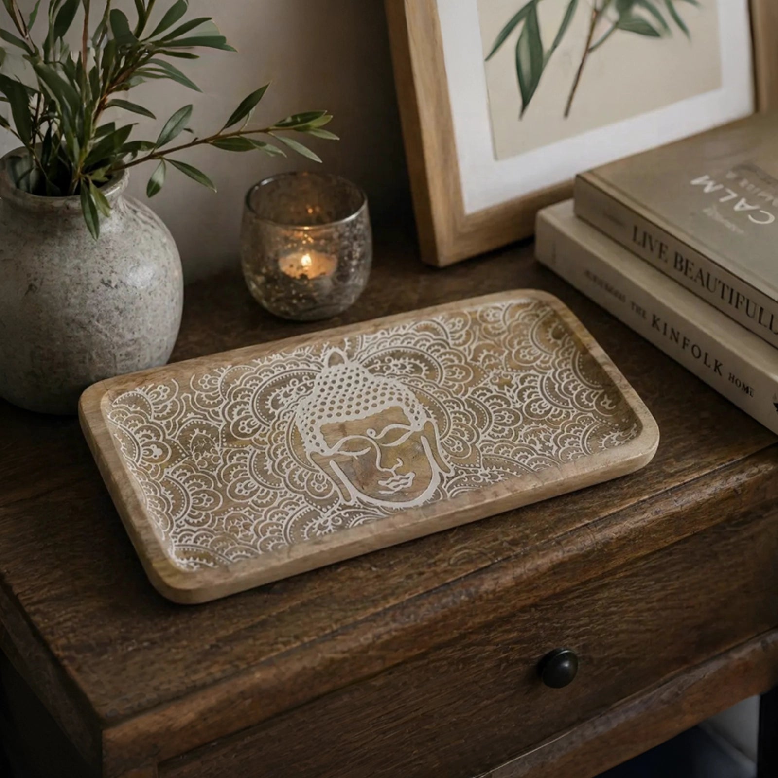 Long Tray 30x15x2.5cm - Buddha Face Whitewash