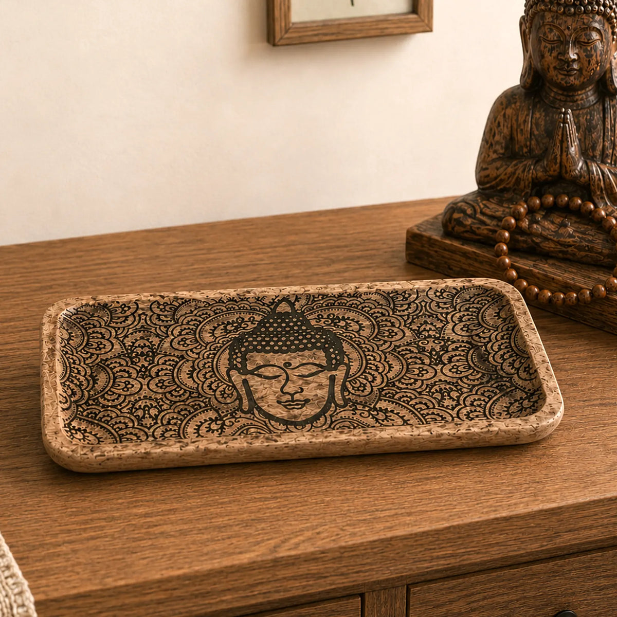 Long Wooden Buddha Tray 30x15x2.5cm - Buddha Face Black Engraved