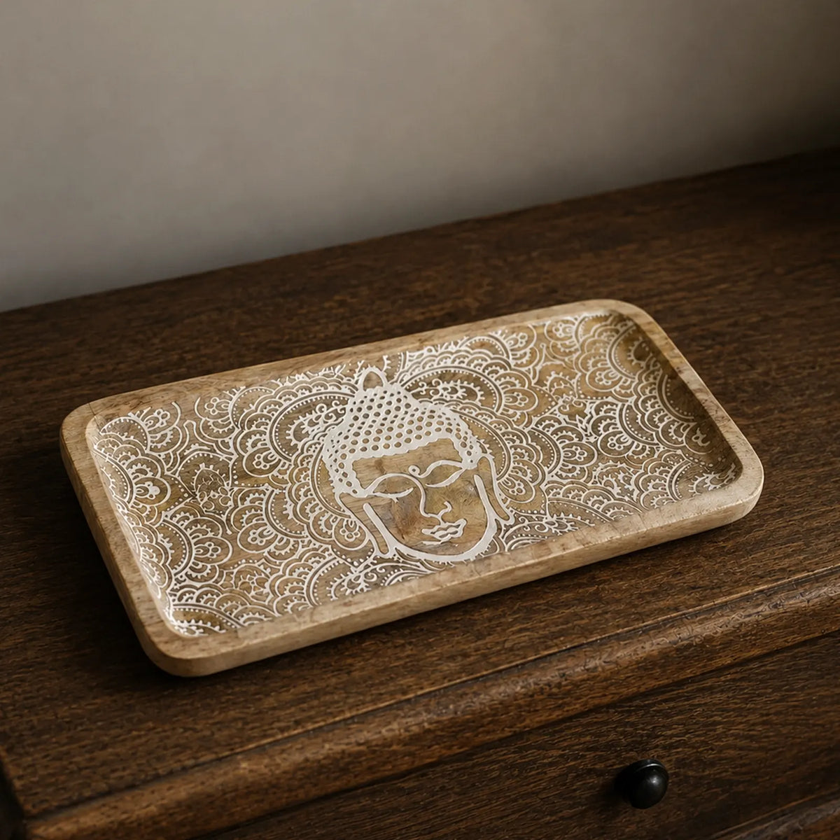 Long Wooden Buddha Tray 30x15x2.5cm - Buddha Face Whitewash
