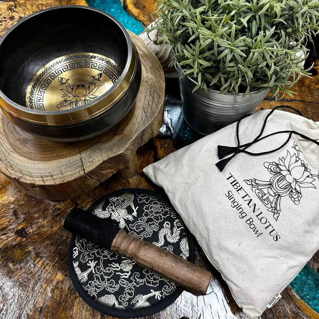 Tibetan singing bowl set with wooden striker, pouch, and plant on a wooden surface