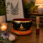 Large Buddha Singing Bowl Set- Black/Orange 14cm featuring a black bowl with a gold Buddha silhouette, resting on an orange cushion beside a wooden striker, surrounded by calming decor.