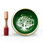 Large Tree of Life Singing Bowl Set- Green 14cm featuring a vibrant green bowl with a detailed gold tree of life design and a wooden mallet with a red suede tip.