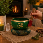 Large Tree of Life Singing Bowl Set- Green 14cm shown in a cozy setting with a hand holding the striker above the bowl, which rests on a decorative cushion beside a lit candle and crystals.
