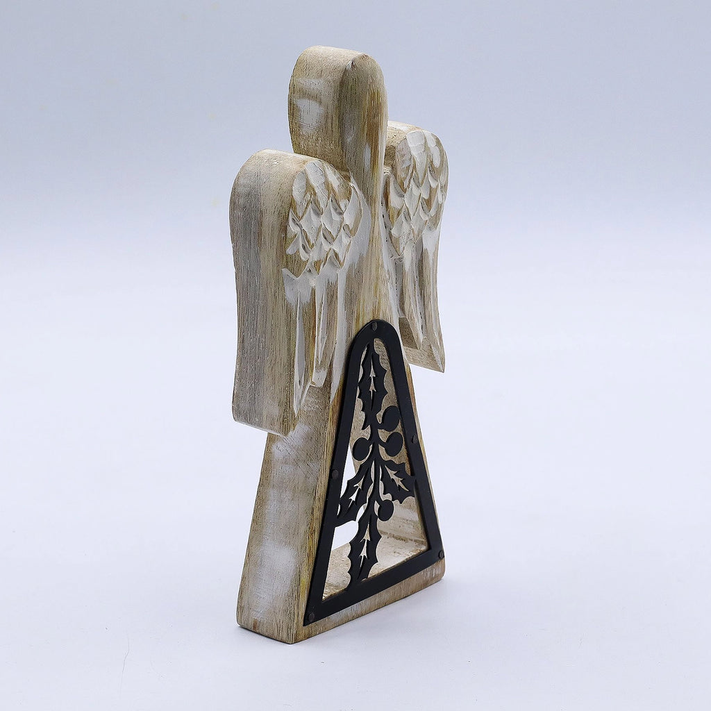 Mango Wood Angel - Whitewash with Iron Decor Cut Out
