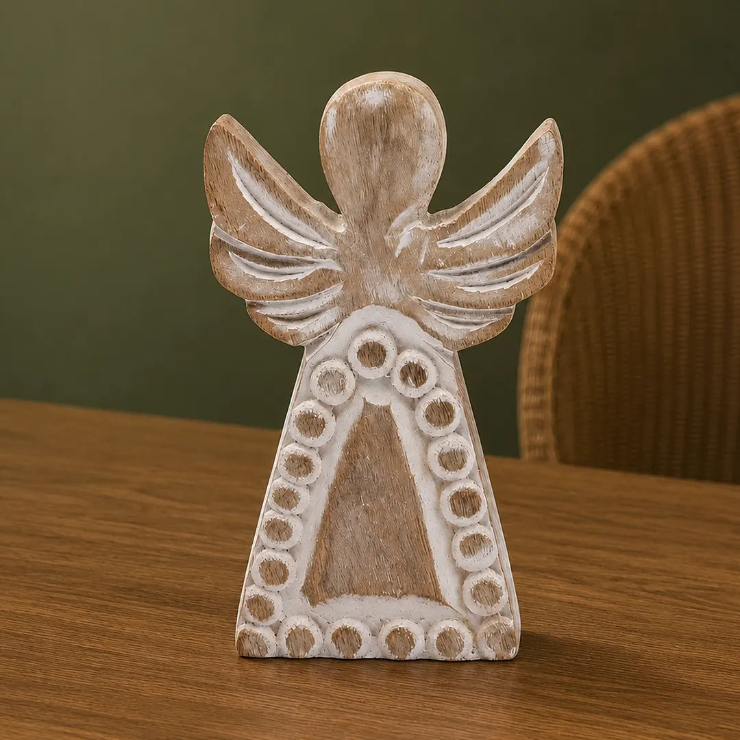 Mango Wood Angel Figurines Statuettes - Whitewash