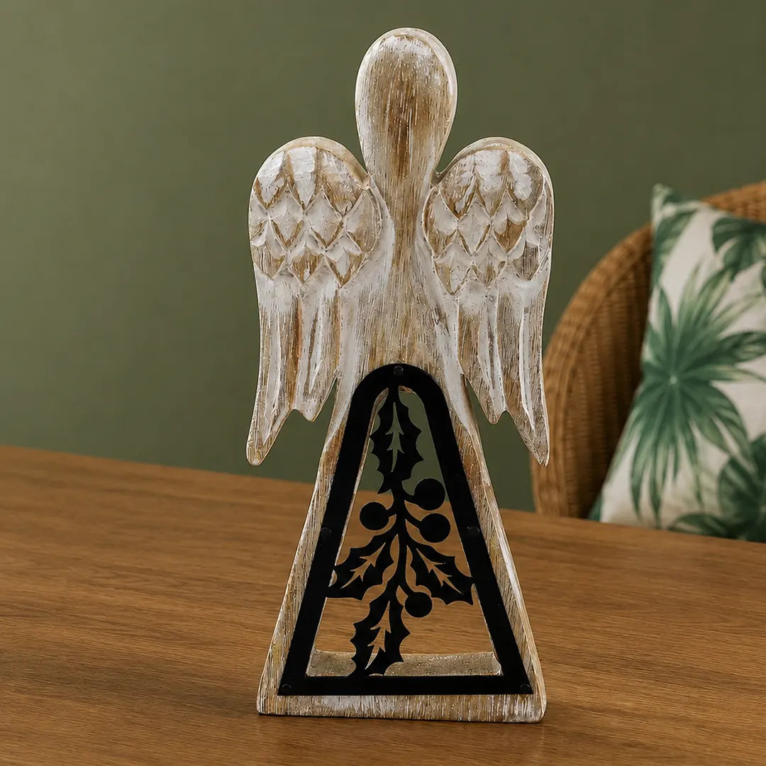 Mango Wood Angel Figurines Statuettes - Whitewash with Iron Decor Cut Out
