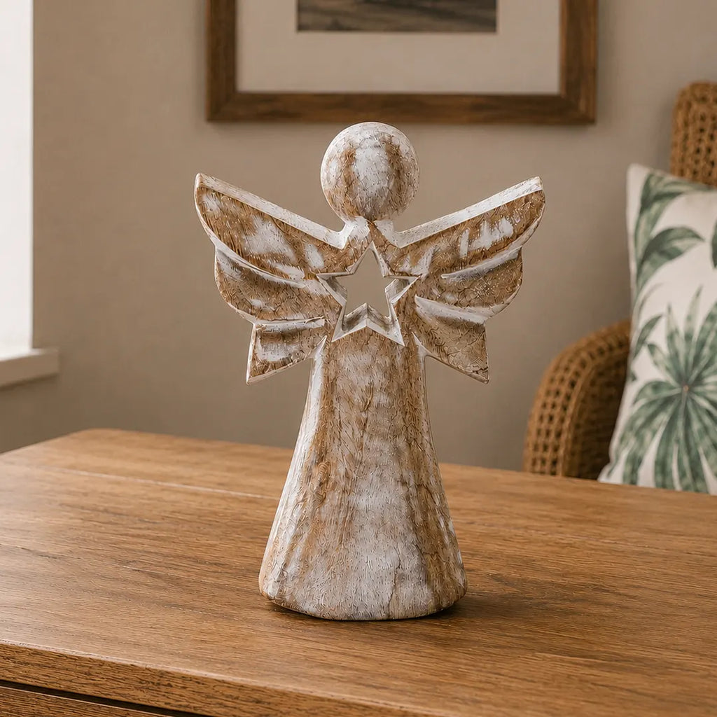 Mango Wood Angel Figurines Statuettes- Whitewash with Star Cut Out