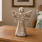 Mango Wood Angel Figurines Statuettes- Whitewash with Star Cut Out