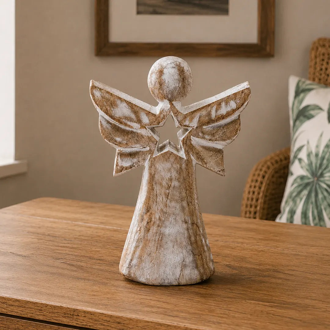 Mango Wood Angel Figurines Statuettes- Whitewash with Star Cut Out