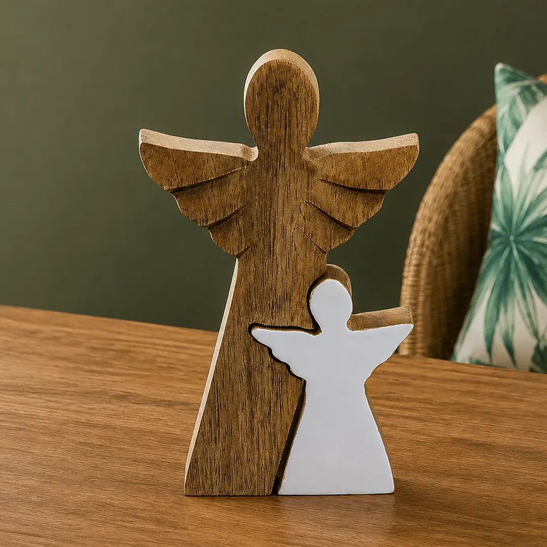 Mango Wood Angel Figurines Statuettes in Angel - White Enamel