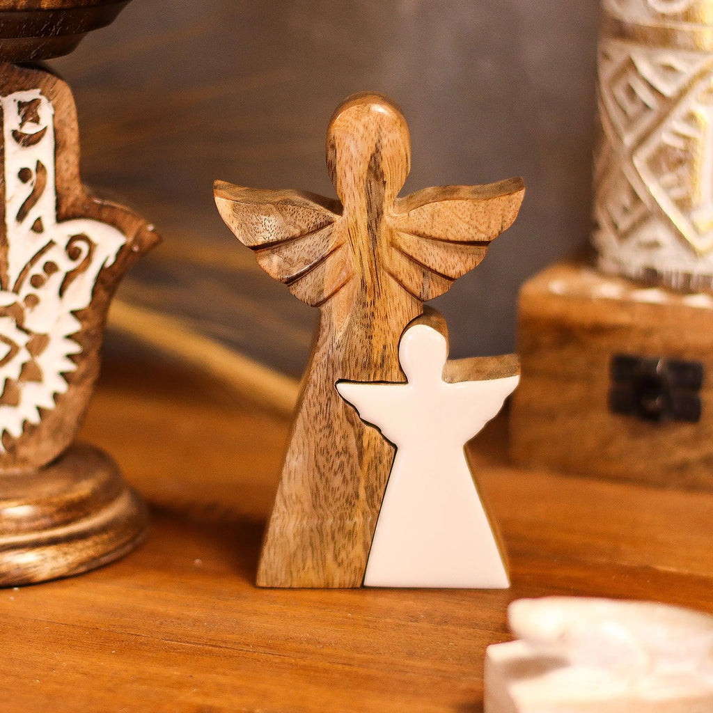 Mango Wood Angel in Angel - White Enamel