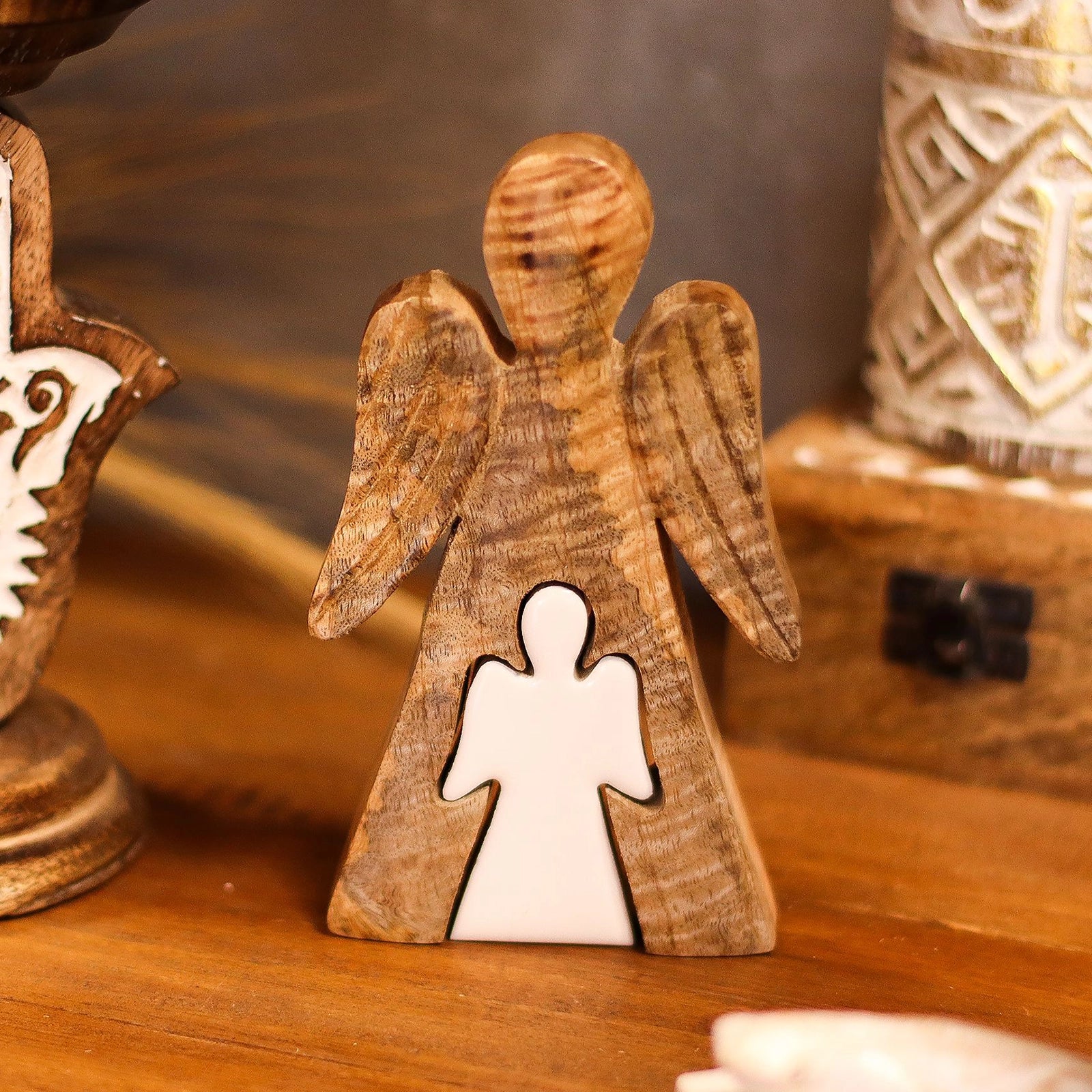 Mango Wood Angel in Angel - White Enamel