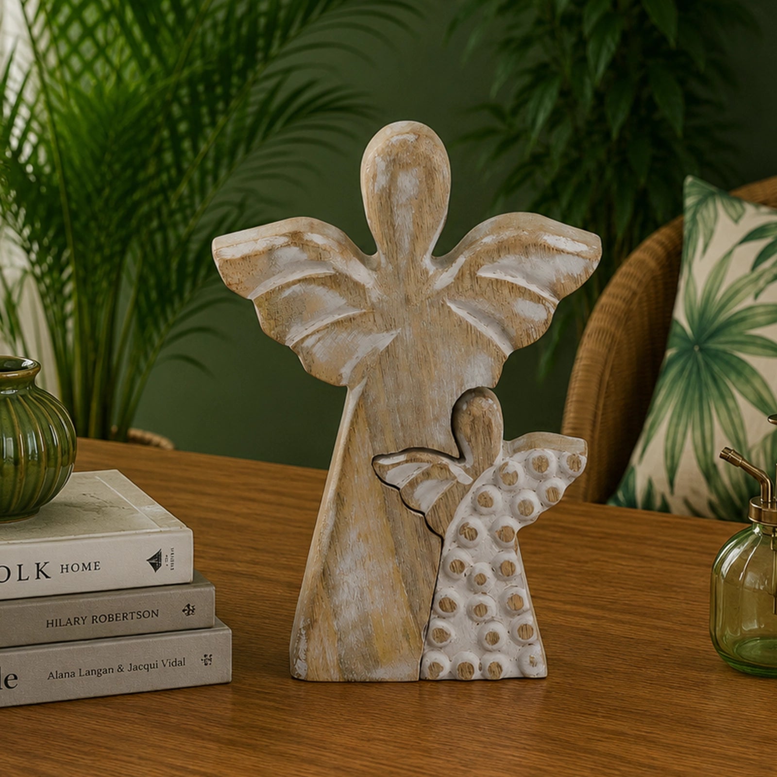Mango Wood Angel in Angel - Whitewash