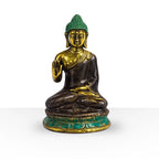 Med Hand Up Sitting Buddha statue with a serene expression, featuring green and gold tones, seated on a decorative base in a traditional meditation pose.