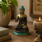 Med Hand Up Sitting Buddha statue in antique brass finish with turquoise accents, placed on a wooden surface beside a lit candle and green plant for peaceful home decor.