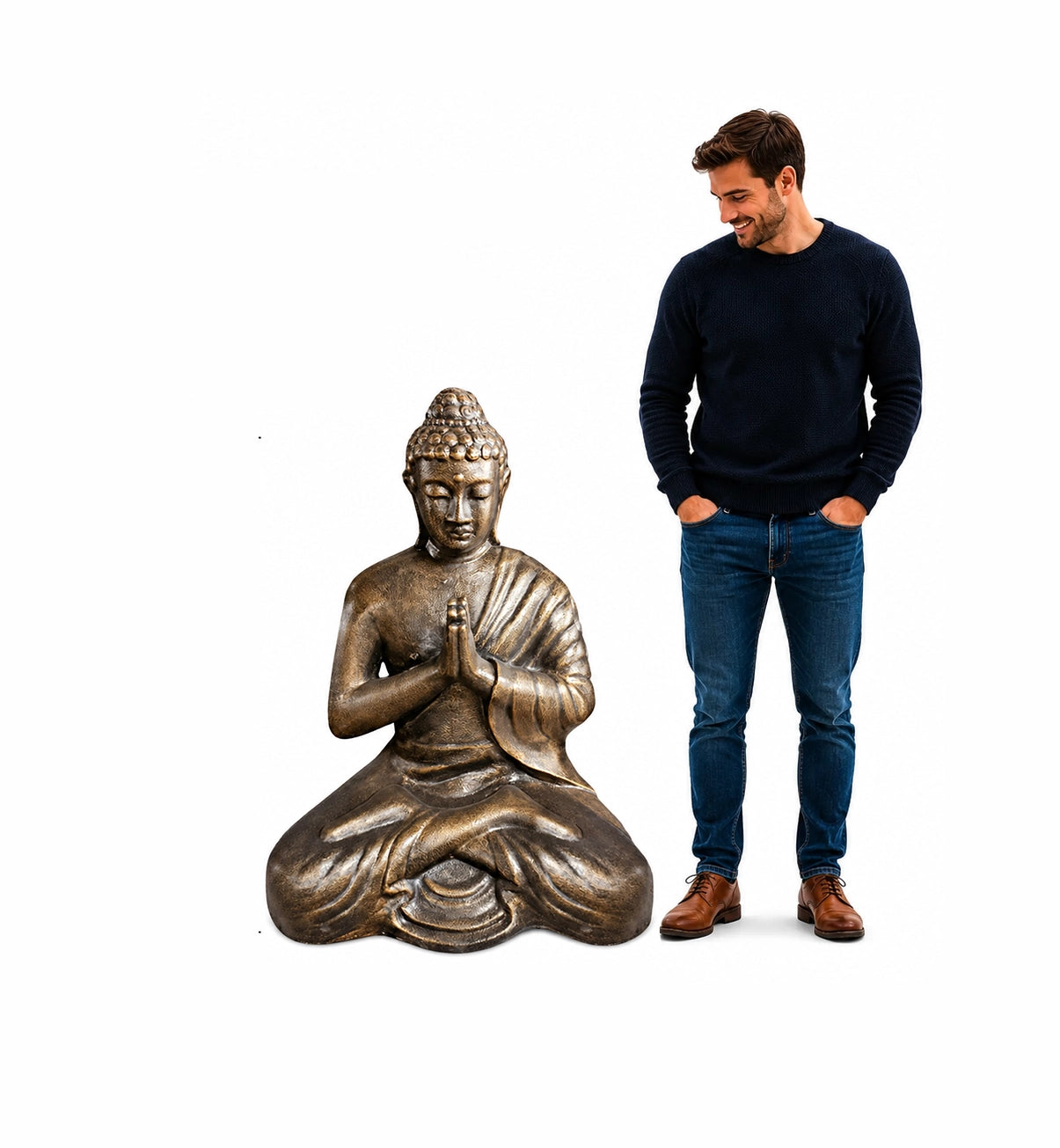 Med Large Antique Gold Praying Buddha Statue - 1.2m Tall