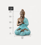 Med Large Turquoise & Gold Praying Buddha Statue - 1.2m Tall showing a hand carved Buddha statue in a seated meditation pose with turquoise robe and gold-toned details.